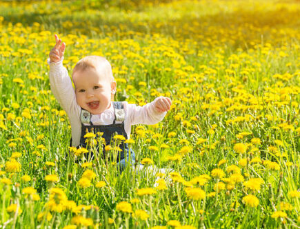 Bebé en flores de primavera