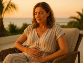 Mujer en vacaciones y con dolor de panza